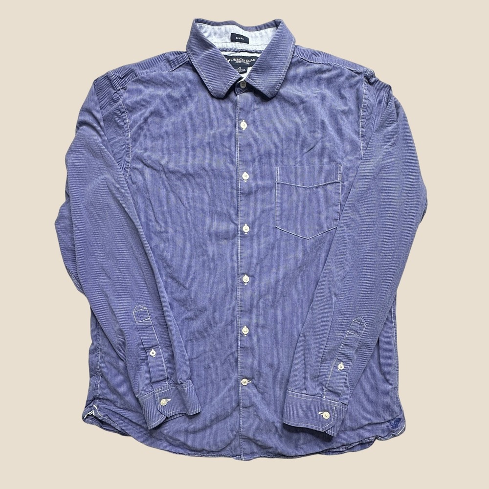 American Eagle Shirt Mens L Slim Fit Button Down Blue White Micro Stripe